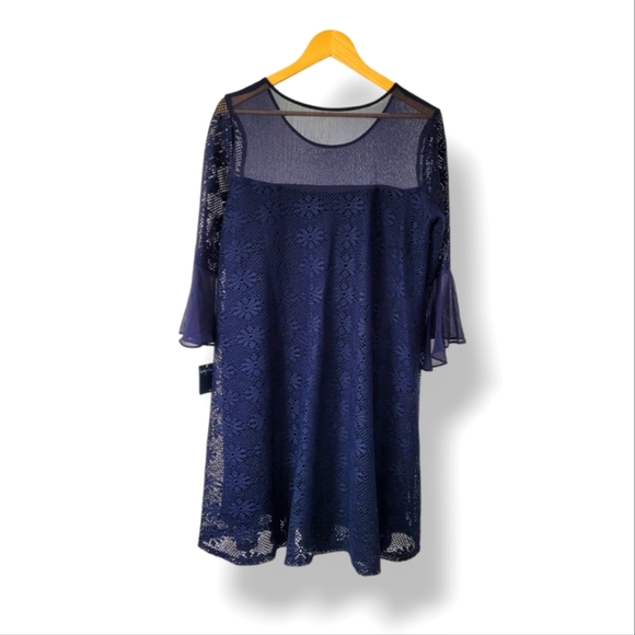 Gabby Skye Bell Sleeve Lace Navy Midi Lined Sheer Shift Dress, 12 - Picture 4 of 7